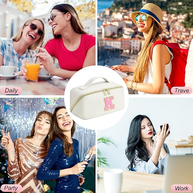 for Christmas Day Gifts, Makeup Bag for Women, PU Leather Travel Toiletry Bags, Initial Make Up Cosmetic Pouch for Teen Girls, Wide Open Portable Skincare Bag, Personalized Birthday Gifts, White J