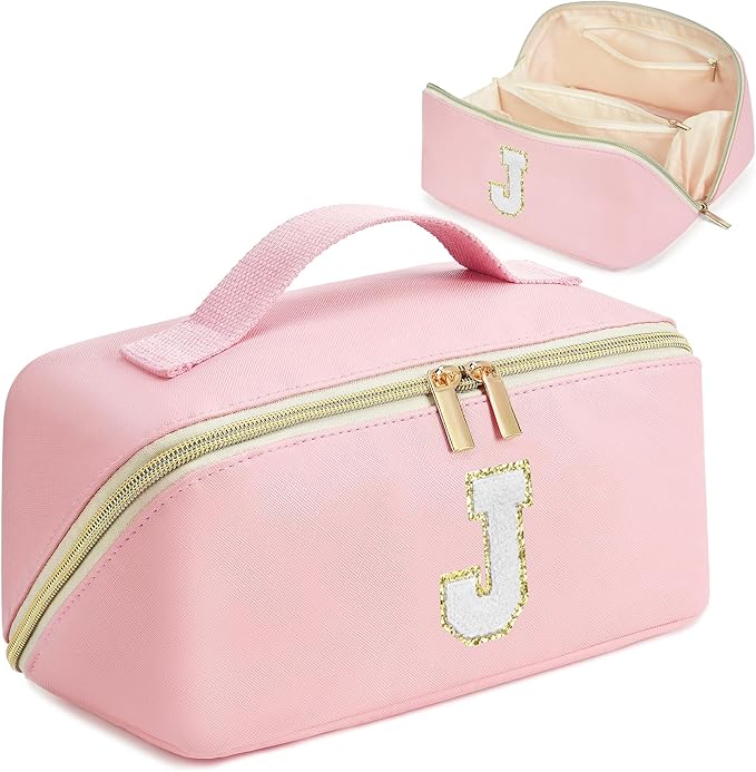 for Christmas Day Gifts, Makeup Bag for Women, PU Leather Travel Toiletry Bags, Initial Make Up Cosmetic Pouch for Teen Girls, Wide Open Portable Skincare Bag, Personalized Birthday Gifts, Pink J