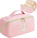 for Christmas Day Gifts, Makeup Bag for Women, PU Leather Travel Toiletry Bags, Initial Make Up Cosmetic Pouch for Teen Girls, Wide Open Portable Skincare Bag, Personalized Birthday Gifts, Pink J