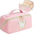 for Christmas Day Gifts, Makeup Bag for Women, PU Leather Travel Toiletry Bags, Initial Make Up Cosmetic Pouch for Teen Girls, Wide Open Portable Skincare Bag, Personalized Birthday Gifts, Pink W