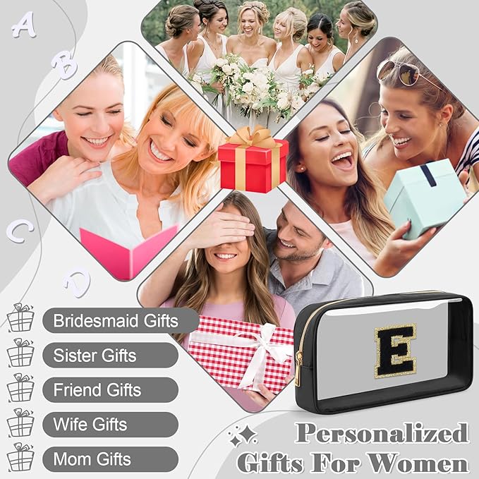 Personalized Initial Letter Clear Makeup Bag,Preppy Small Nylon&PVC Cosmetic Zipper Bag with Chenille Letter,Travel Skincare Toiletry Bag,Monogram Christmas Gift for Teen Girls Women,E