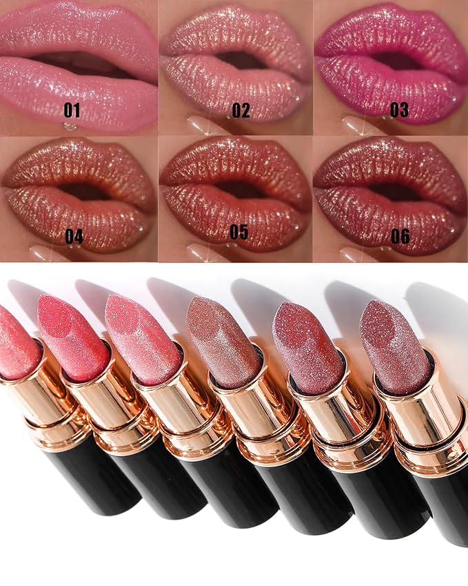 Pink Metallic Glitter Lipstick Long Lasting, Diamond Nude Shimmer Lip Gloss High Pigmented Lip Red Color Matte Lip Stick for Women, Sparkling Shiny Transfer Proof Non Stick Tinted Lip Balm Makeup-02
