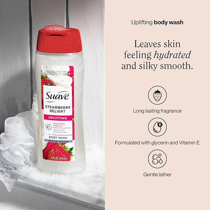 Suave Strawberry Delight Uplifting Body Wash, Formulated with Glycerin and Vitamin E for Hydrating and Gently Cleansing Skin, 18 oz, 6 Pack