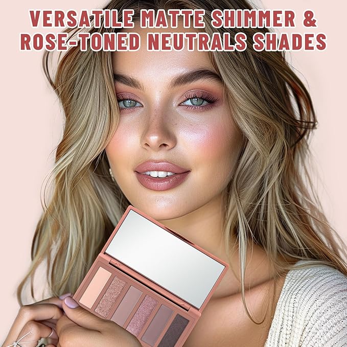 6 Colors Mini Eyeshadow Makeup Palette Rosy Neutral Nude Eye Shadow Shimmer & Matte Make Up Pallet with Mirror Highly Pigmented Long Lasting Waterproof Travel Size Gift Kit 02