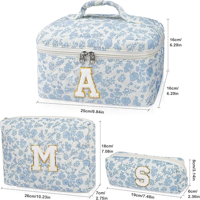 Initial Makeup Bag Set, Personalized Quilted Makeup Bag, Large Floral Cosmetic Bag for Women, Cute Cotton Custom Make up Bags, Flower Travel Toiletry Bag Teen Girl Gift Blue Flower A