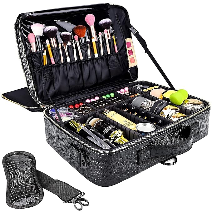 gzcz Large Capacity Travel Makeup Case Organizer,Professional Cosmetic Bags for Women,Waterproof PU Leather Makeup Bag with Adjustable Dividers and Shoulder Strap for Brushes and Jewelry