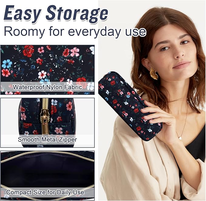 Nylon Small Floral Makeup Bag Slim Pouch, Preppy Cute Travel Makeup Brush Case Cosmetic Zipper Pouch for Purse, Waterproof Toiletry Bag Makeup Organizer Travel Essentials for Women(Navy Blue-Flower)