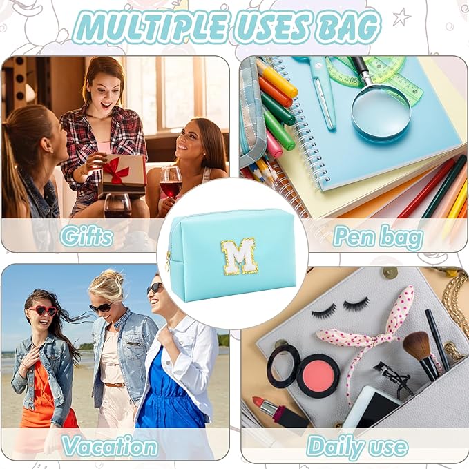 Gifts for Girls Initial Makeup Bag Personalized Cosmetic Bag with Zipper Cute Travel Toiletry Bag Waterproof PU Preppy Makeup Pouch Birthday Gift for Teen Girls Women(Blue M)