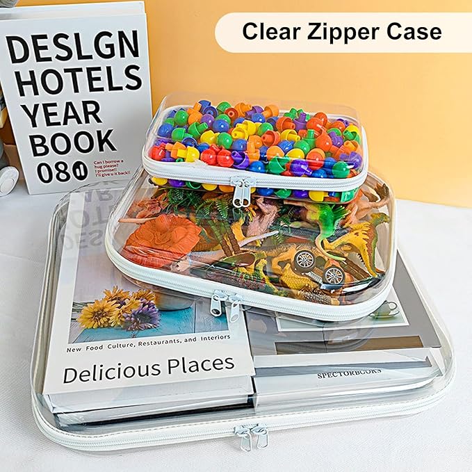 3PCS Clear Zipper Cases, Portable Clear Organizer Pouches for Travel, Double Zippered Hard Shell Plastic Case, Cosmetic Bag for Make Up Tools, Toiletries, Toy Storage(White,2 Pack)
