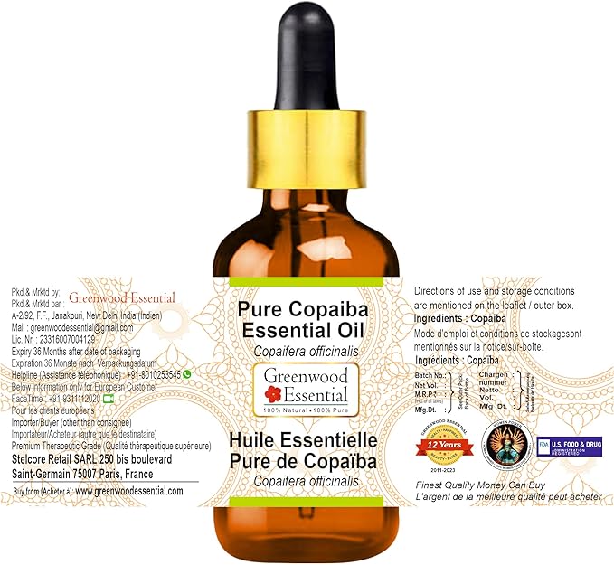 Greenwood Essential Pure Copaiba Essential Oil (Copaifera officinalis) with Glass Dropper Steam Distilled 10ml (0.33 oz)