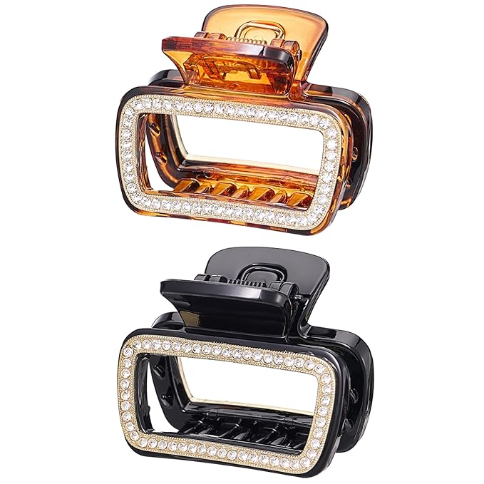 SINIDE Crystal Hair Claw Clips, Square Rhinestone Plastic Claw Clips Nonslip Acrylic Jaw Clip for Thick Long Hair, Fashion Clamps Accessories for Women Strong Hold Barrette for Styling (2 Pack)