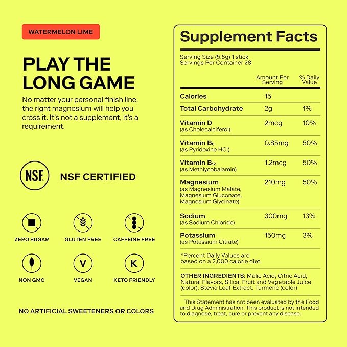 MAGNA Electrolytes Powder Drink Mix for Hydration, Energy & Focus Support with Magnesium L Threonate, Sodium, Potassium, Vitamin D, B6 & B12, Sugar Free, Watermelon Lime Flavor, 14 Servings