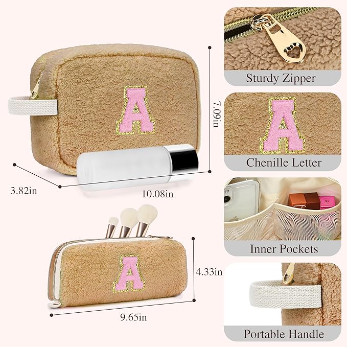 for Christmas Day Gifts, Personalized Initial Cosmetic Bag Pouch for Teen Girls, Preppy Makeup Travel Bags for Daughter Sister Girlfriend, Monogramed Make Up Pouch for Birthday Gifts - Brown O