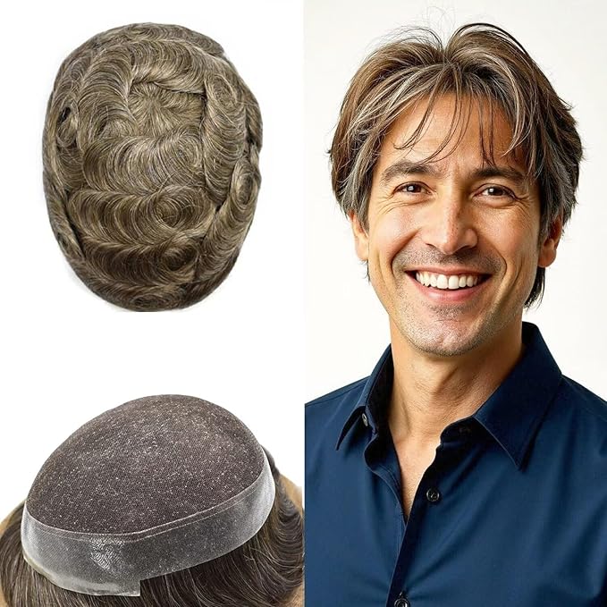 Mens Toupee Human Hair Piece French Lace Toupee for Man Hair System Indian Human Hair Replacement Systems V-Looped PU Front Hairpieces 7"X9" #630 Light Brown with 30% Gray