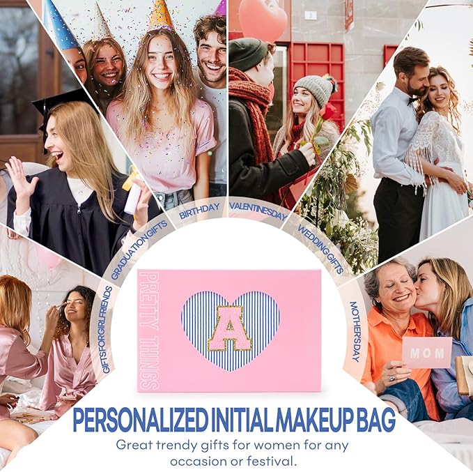 mibasies 2 PCS Initial Makeup Bags for Women: - Birthday Gifts for Teen Girls 11 12 13 14 15 16 Years Old - Preppy Trendy Stuff - Cosmetic Bag for Travel Toiletry - Blue A