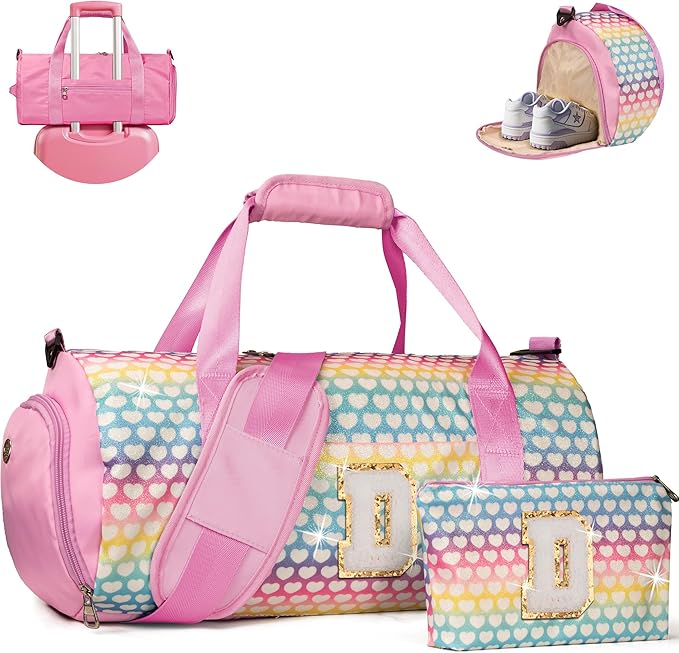 Gifts for Teens, Girls Travel Duffel Bag, Kids Initial Overnight Bags with Shoe Compartment, Personalized Weekender Bag with Makeup Pouch, Stocking Stuffers for Grandkids (Letter D)