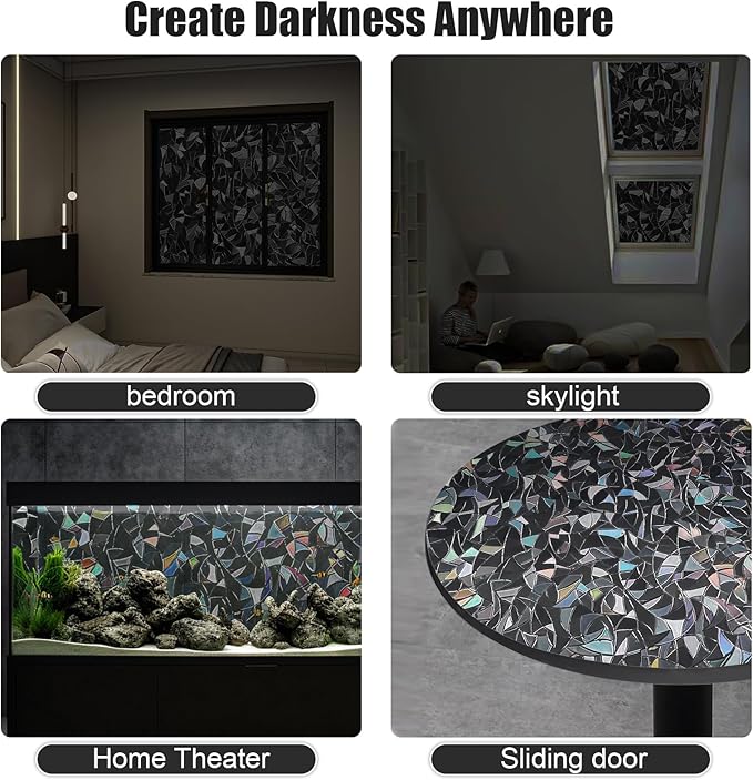 QHY Sunshine Total Blackout Window Film Privacy， Frosted Glass Window Film，Black Window Tint， No Glue， Detachable, no Marks, Suitable for Repeated use (Black Rainbow, 17.5 in X 78.7 in)