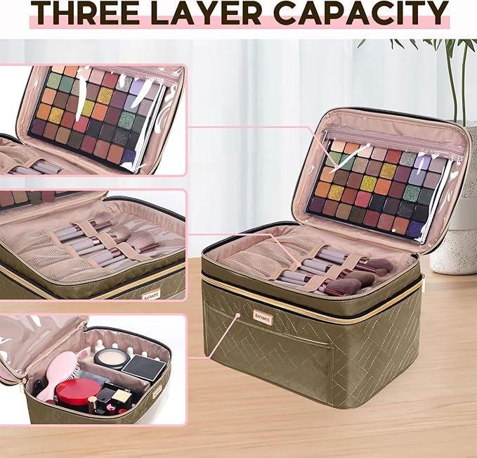 Makeup Bag Women, 8.8L Large Cosmetic Train Case, Make up Bags Organizer Box Travel-Size Accessories Bottles, Brushes, and Skin Care Products, Toiletry Bag for Women Pink 2.33 GAL