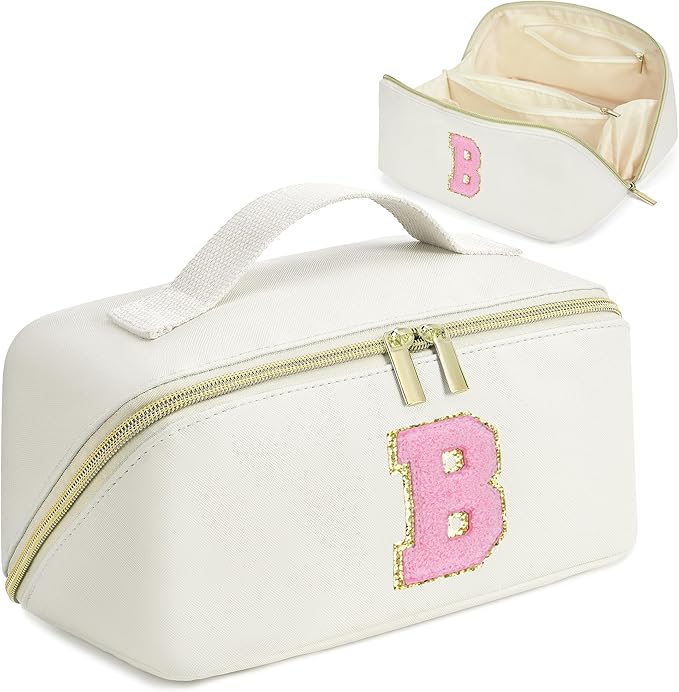 for Christmas Day Gifts, Makeup Bag for Women, PU Leather Travel Toiletry Bags, Initial Make Up Cosmetic Pouch for Teen Girls, Wide Open Portable Skincare Bag, Personalized Birthday Gifts, White B