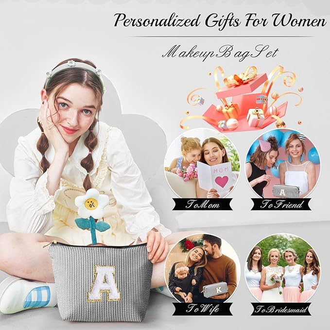 YOOLIFE Initial Christmas Gifts for Girls - Teen Girl Gifts Trendy Stuff Monogram Cute Makeup Bags Make Up Case for Women Her Best Friend Friendship Sister Teacher, Personalized Birthday Gifts Black J