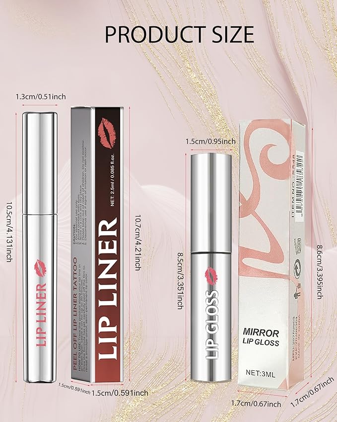 Peel Off Tattoo Lip Liner Stain Lip Gloss Combo Sets, 2 Colors Rose Pink Brown Matte Lip Liner and Nourishing Lip Gloss Tint Stain Kit, Long Lasting Waterproof Non Sticky Liquid Lipstick Makeup-Set 04