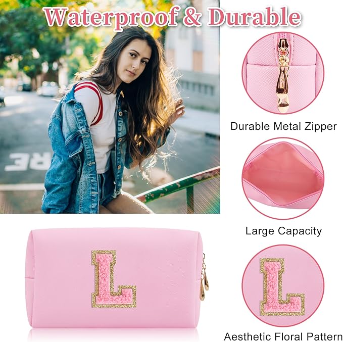 Personalized Initial Letter Patch Makeup Bag, Preppy Small Chenille Letters Cosmetic Bag with Zipper, PU Leather Waterproof Travel Toiletry Bag Monogram Make Up Pouch for Women Girls(Letter L)