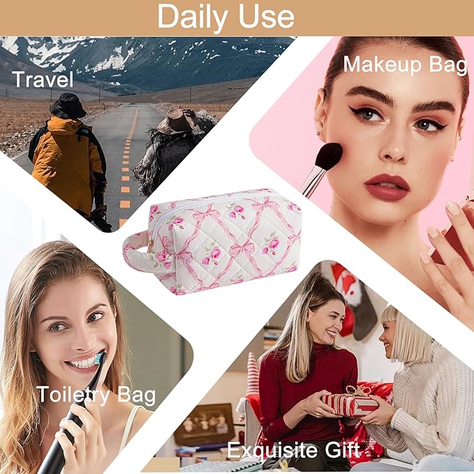Makeup Bag Travel Cosmetic Bag for Women, Zipper Make Up Pouch, Floral Flowers Toiletry Organizer Makeup with Handle, Cosmetic Travel Cloth Bag (Pink Bowknot)