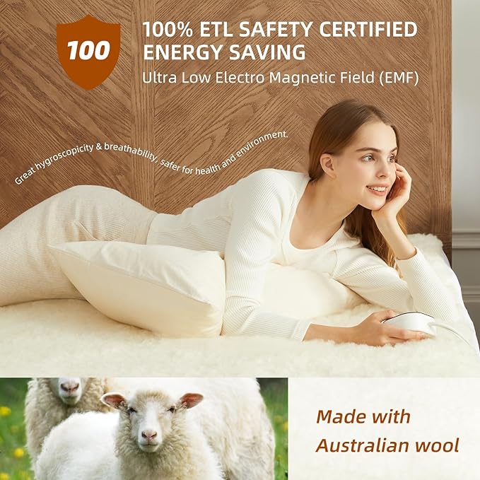 Bwarm Muilt-Zone Heated Mattress Pad Queen Wool Electic Mattress Pad, Touchscreen Bed Warmer with 9 Heat Settings, 1-12 Hours Auto Off Memory Deep Pocket,Machine Wash White Queen 60" x 80"