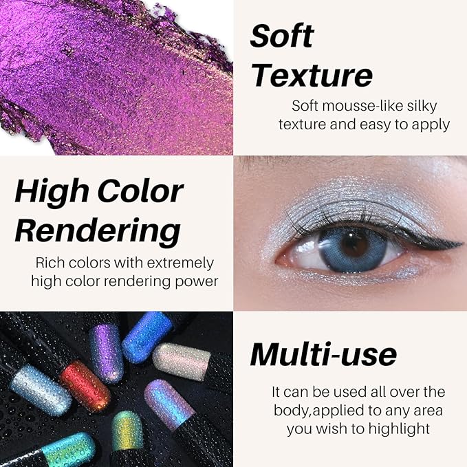 CHARMACY New Duochrome Long Stay Eyeshadow Stick, Creamy Eye Shadow Stick, Multicolor-Shifting Glitter Eyeshadow, Waterproof & Smudge-Proof, High Pigmented, Built-in Smudger #08