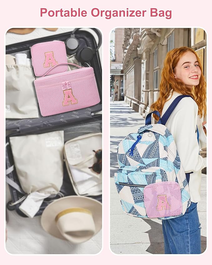 MONSTINA Cute Makeup Bag for Girls&Women Personalized Initial Toiletry Bag,Make Up Case for 11 12 13 14 15 16 Years Old Teen Girls Gift Trendy Stuff Birthday Gift for Her,2PCS Pink B