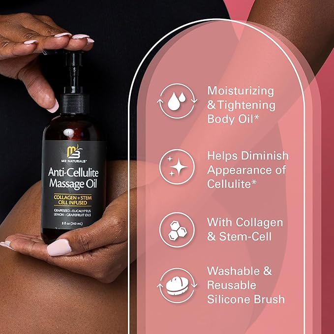 Anti Cellulite Massage Oil and Silicone Body Brush – Collagen and Stem Cell Skin Tightening Formula for Smoothing and Firming, 8 fl oz by M3 Naturals
