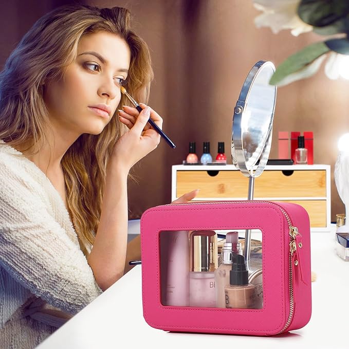 Pinkmik Clear Makeup Bag for Women Waterproof Travel Cosmetics and Toiletries Case Portable Makeup Oaganizer Bag Clear Car Bag with Zipper (X/Fuxia, M+L)