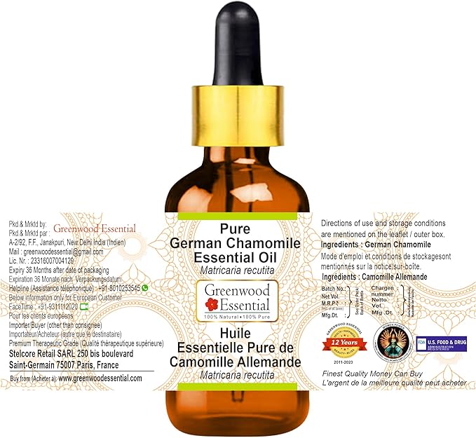 Greenwood Essential Pure German Chamomile Essential Oil (Matricaria recutita) with Glass Dropper Steam Distilled 2ml (0.06 oz)