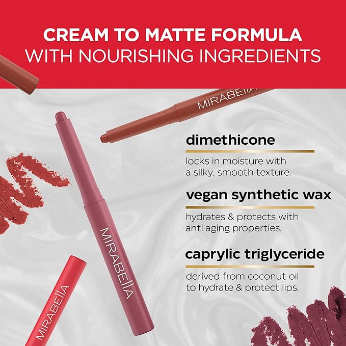 Mirabella - Velvet Matte Lip Crayon, Retractable Highly-Pigmented 2-in-1 Makeup, Long-Lasting Hydrating Lipstick Crayon + Lip Liner, Moisturizing Cream-to-Matte Lipcare Formula, Sunset Coral