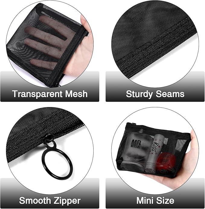8 Pack Mini Zipper Mesh Makeup Bags, Nylon Cosmetic Bags Toiletry Purse Travel Organizer Bags Inside Bag for Office Travel Organization (Widened-Black, M)