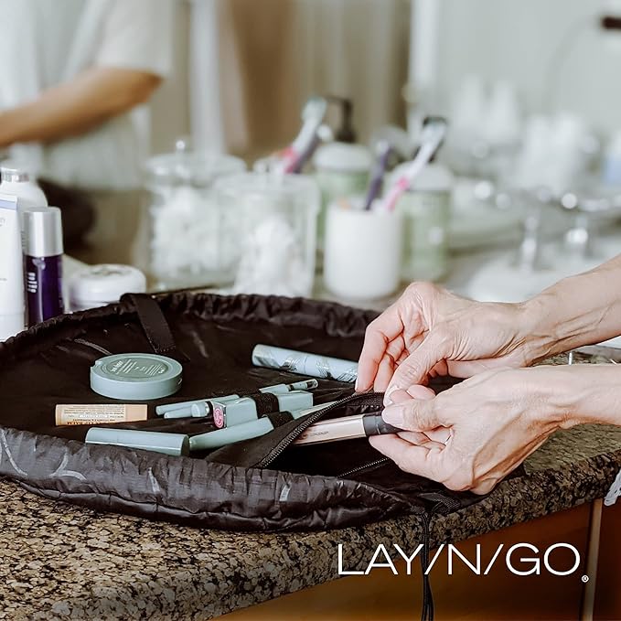 Lay-n-Go Cosmo Layflat Drawstring Cosmetic & Makeup Bag Organizer w/Zipper Pocket, Brush Loops & More, Cinch to Close, Lay Flat to Use, Durable, Machine Wash, Travel Toiletry Bag (20", Pink)