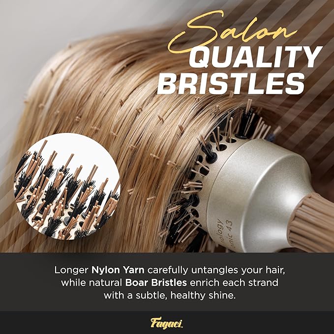 Fagaci Professional Round Brush with Natural Boar Bristle for Blow Drying, Nano Technology Ceramic + Ionic for Voluminous Healthy Hair Styling | Includes 4 Styling Clips