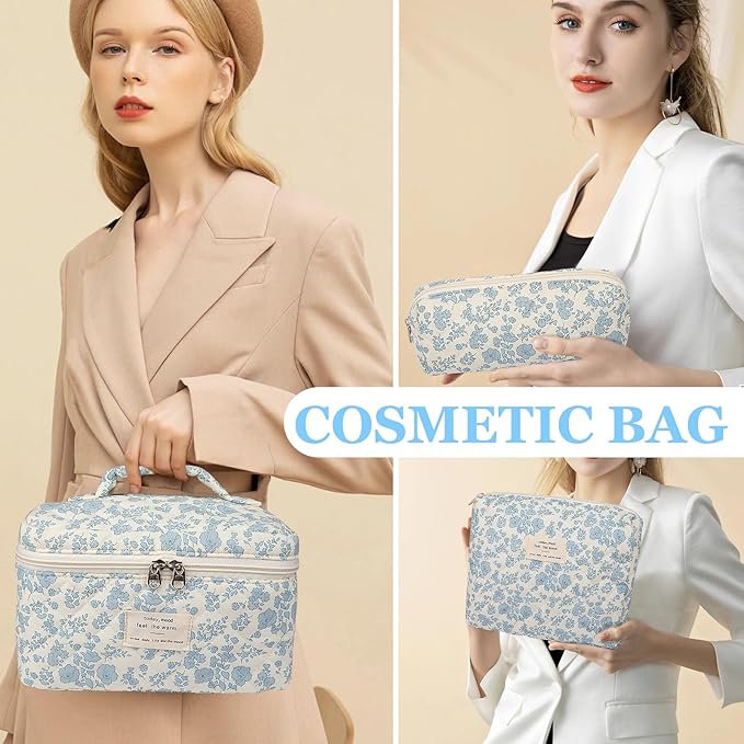 Makeup Bag Set, Quilted Makeup Bag, Large Floral Cosmetic Bag for Women, Cute Cotton Makeup Bags, Flower Travel Toiletry Organizer Bag (Blue Rose)