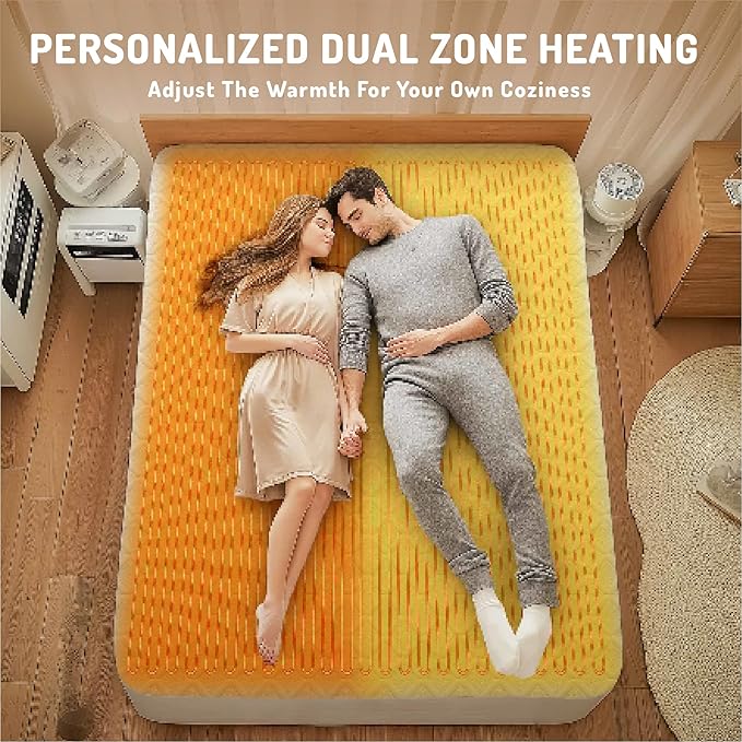 Queen Size Heated Mattress Pad - Degrees of Comfort Electric Bed Warmer with Dual Controllers, 6 Heating Levels, 10-Hour Auto Shut-Off, Breathable Air-Layer, 60"x80"