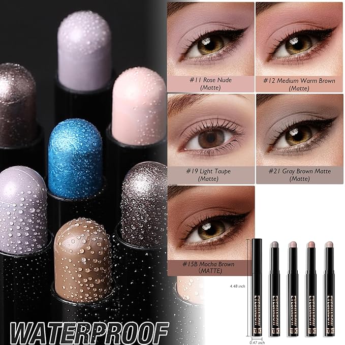 Matte Eyeshadow Stick, Gray Cream Eye Shadow Stick Waterproof Neutral Brown Eyeliner Brightener Pencil Crayon Long-Lasting Eye Highlighter Makeup for Women Easy to Use High Pigmented
