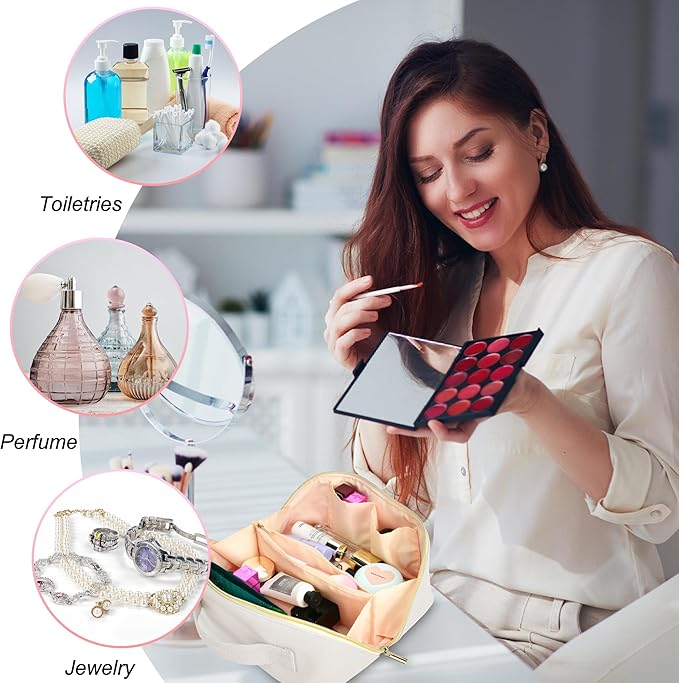 for Christmas Day Gifts, Makeup Bag for Women, PU Leather Travel Toiletry Bags, Initial Make Up Cosmetic Pouch for Teen Girls, Wide Open Portable Skincare Bag, Personalized Birthday Gifts, White L