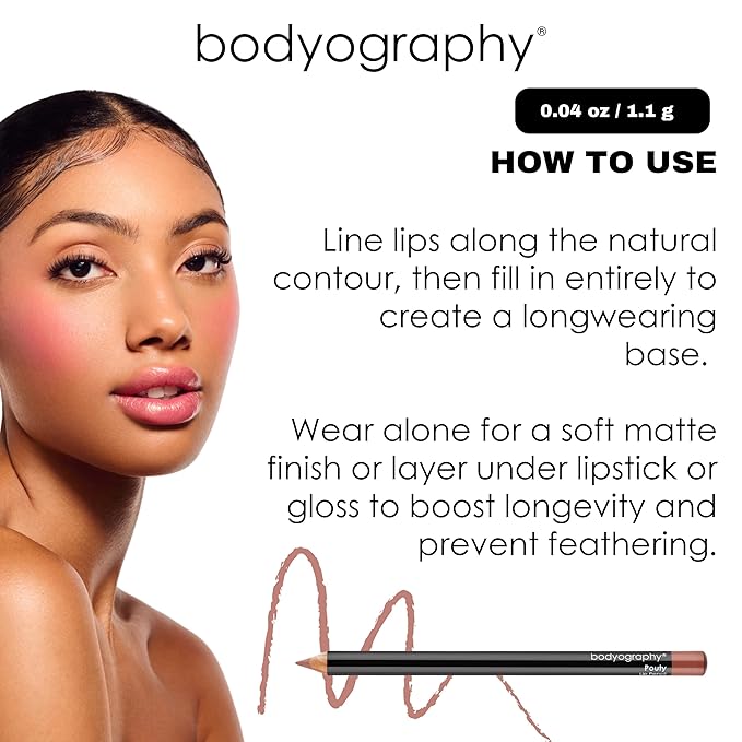 Bodyography Pouty Lip Pencil | Lip Liner Pencil with Coconut Oil, Vitamin E & C | Long-Lasting, Matte Liner for Definition & Color | Makeup Essential for Smooth Lip Contour