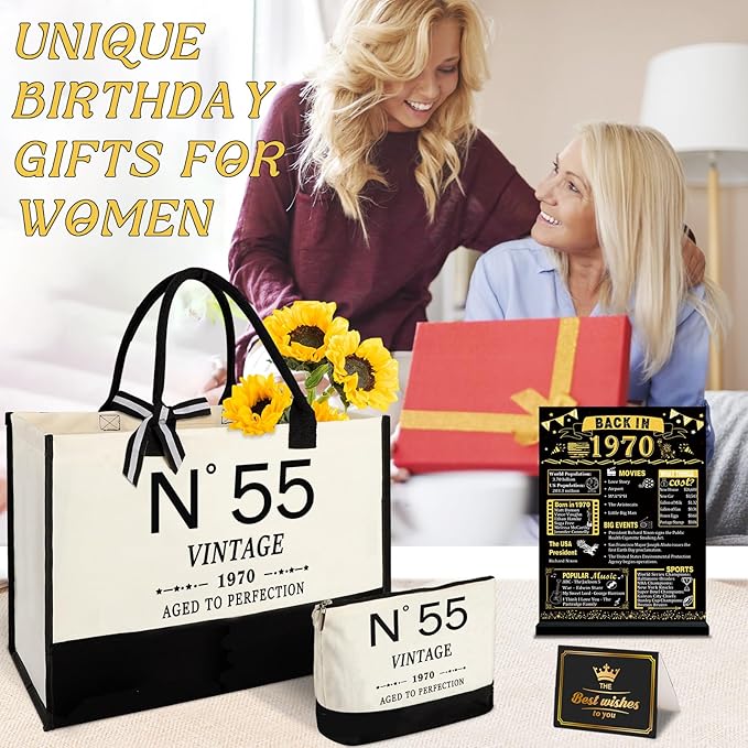 55th Birthday Gifts for Women Canvas Tote Bag Travel Gear,Unique 55 Years Old Gifts for Wife Mom Sister Aunt Friends Her, Vintage N°55 Handbag & Cosmetic Bag & Back in 1970 Poster