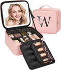Relavel Initial Makeup Bag with LED Mirror for Women Girls, Personalized Travel Cosmetic Organizer Train Case, Birthday Gifts for Grandkids Bridesmaid Graduation Teacher Friends, Trendy Stuff, Pink W