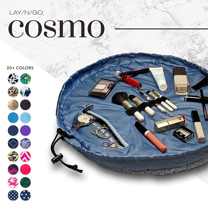 Lay-n-Go Cosmo Drawstring Cosmetic & Makeup Bag Organizer - Portable Drawstring Makeup Bag w/Zipper Pocket, Makeup Loops & More - Durable, Machine Washable Toiletry Bag (20", Comfort/Blue)
