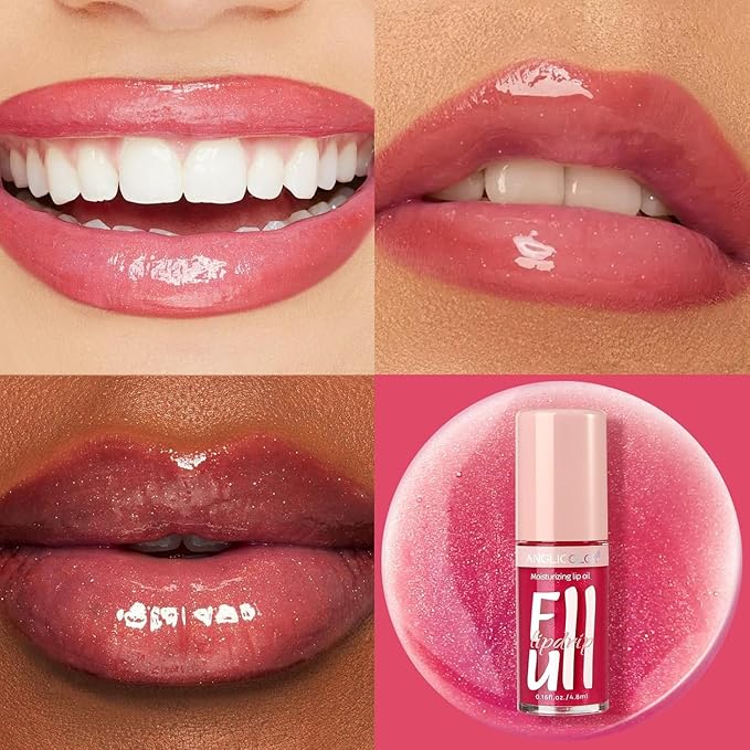 Anglicolor 2PC Lip Oil and Metallic Glitter Pink Lipstick,Natural Lip Plumper,Fruit Flavoured Lip Oil,For Dry Lip's Moisturizing Hydrating,Vegan & Cruelty-free (03 Aphrodite+15)