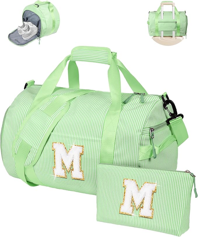 6 Year Old Girl Birthday Gift, Girls Travel Duffle Bag, Kids Initial Overnight Bags with Shoe Compartment, Personalized Weekend Bag with Makeup Pouch, Dance Recital Gifts (Letter M)