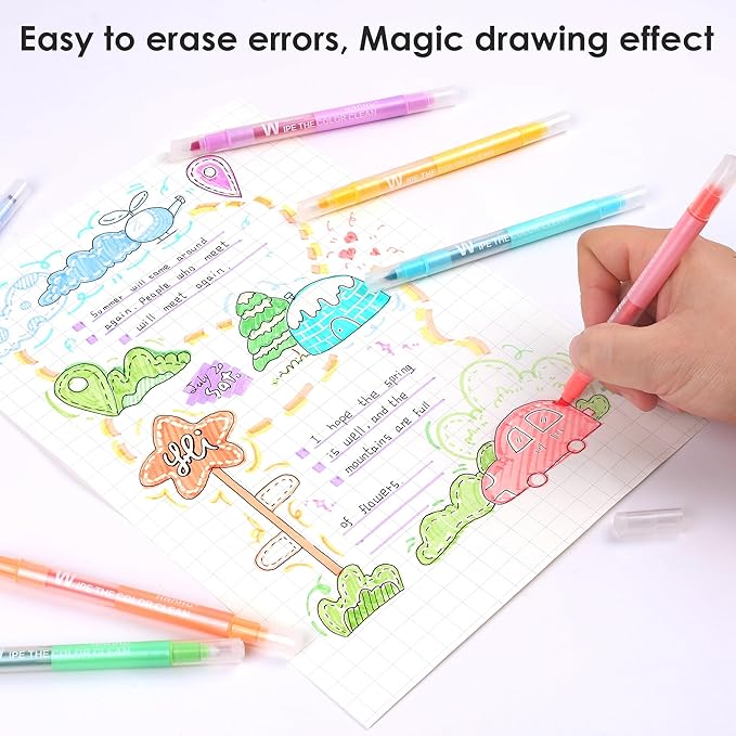 Erasable Highlighters, 10 Pastel Highlighters Assorted Colors, Dual Tip Cute Erasable Highlighter Pens No Bleed Through for Bullet Journaling, Bible Study, School Office Supplies