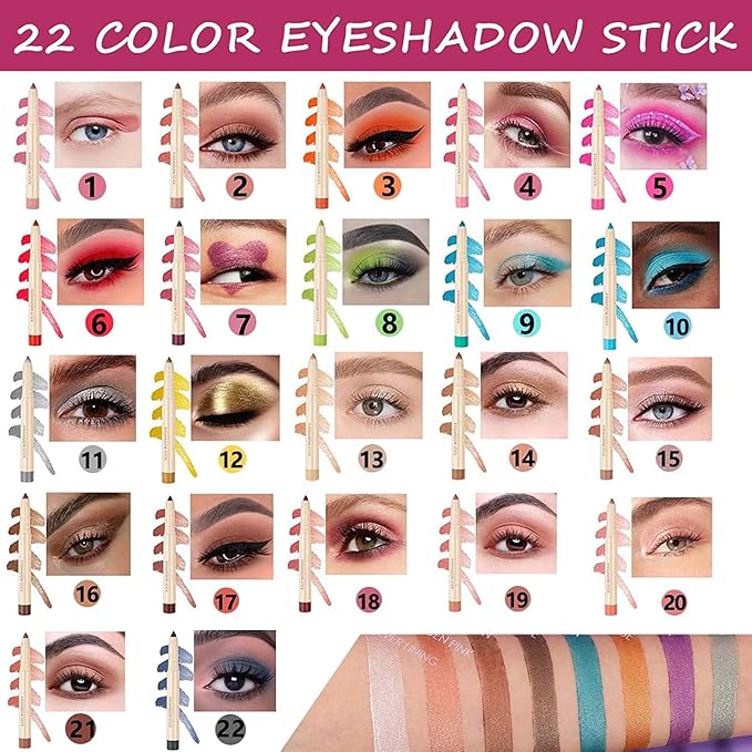 Eyeshadow Makeup, Waterproof Hypoallergenic Long Lasting Eye Liner, Highlighter Matte Cream Eye Shadow Stick, Glitter Primer Palette Shimmer Eyeliner Pen, Enthusiasm Matte