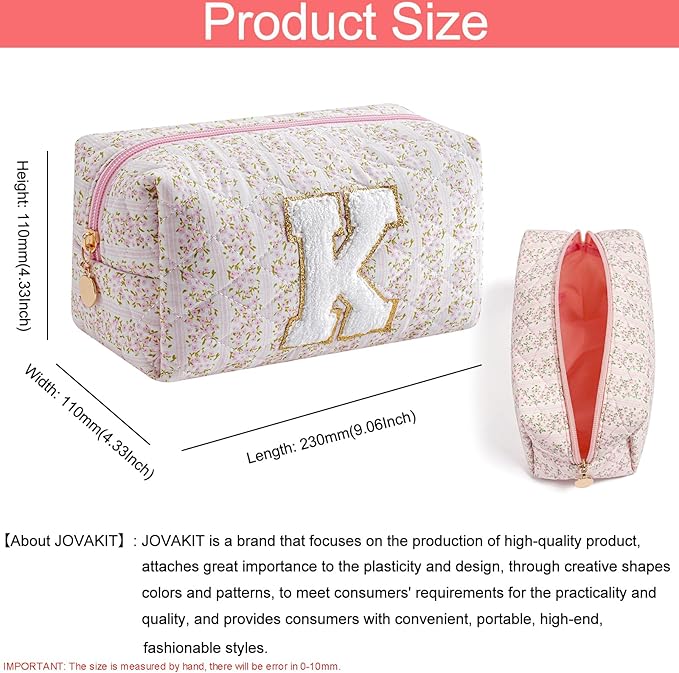 JOVAKIT Makeup Bag Cosmetic Bags for Women, Christmas Gifts for Girls Age 6-18, Alphabet Pink Floral Coquette Zipper Travel Makeup Pouch, Organizer Case Trendy Stuff (Pink Floral K)